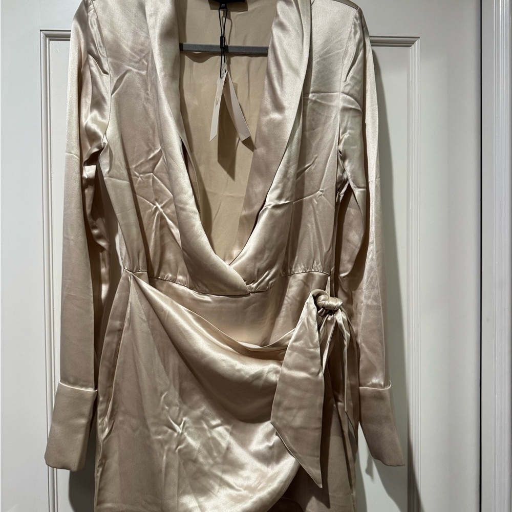 Revolve Retrofete Cream Asymmetrical Wrap Mini Dress - Picture 4 of 8